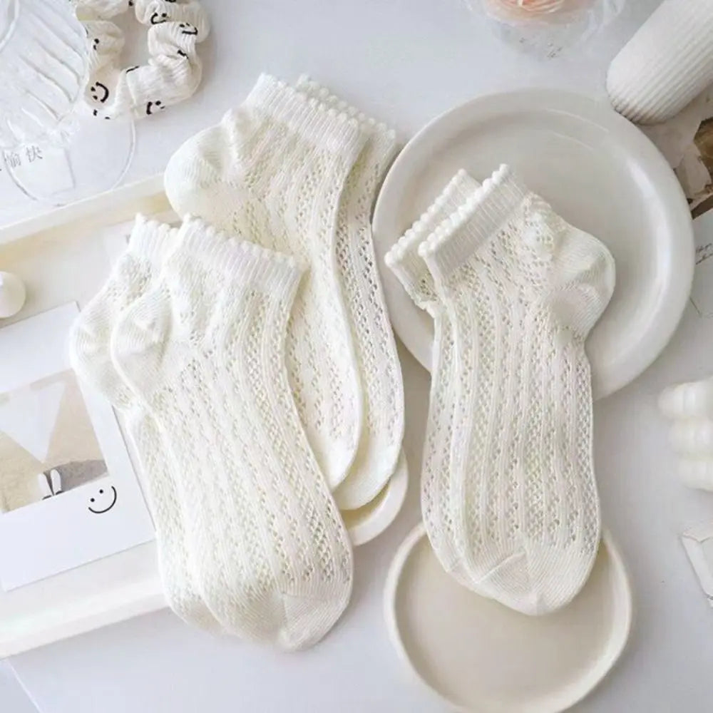 Women's Frilly Ruffle Cotton Socks - Ankle Short - Boat Socks - Loose Knitting - Solid Color - Mid Tube Sock