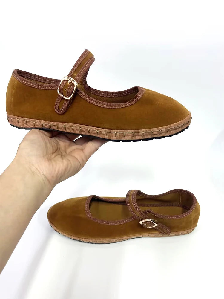 Women's Velvet Mary Jane Shoes - Hand Stitched Casual Streetwear - Ballet Flats