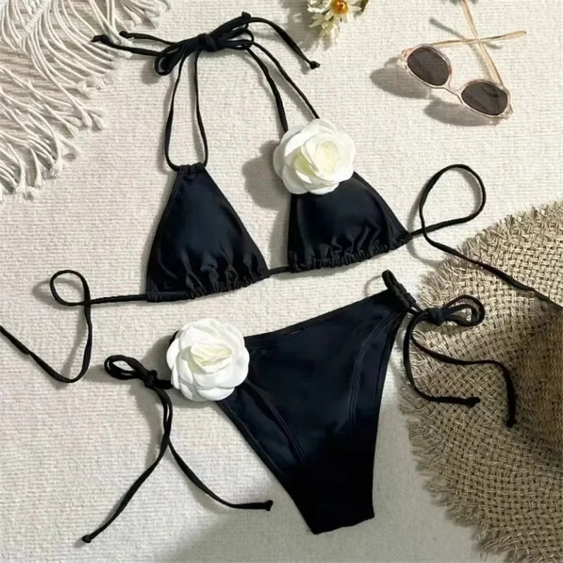 Women's Flower Bandeau Swimwear Thong Bikini