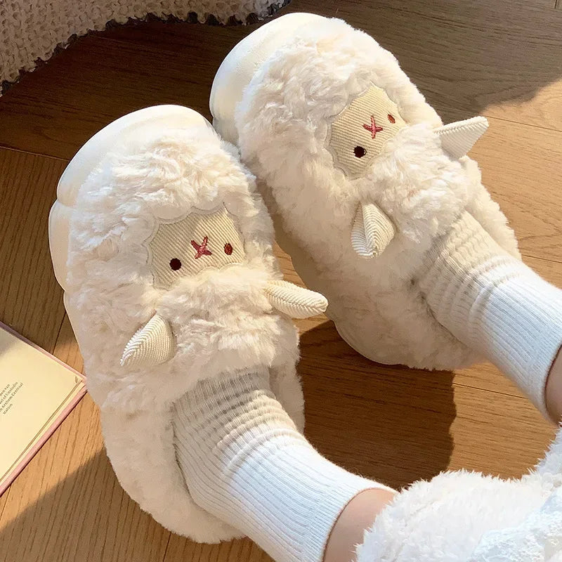 Sheep Plush Slippers - Warm Fluffy Faux Fur Sheep Cotton Slippers