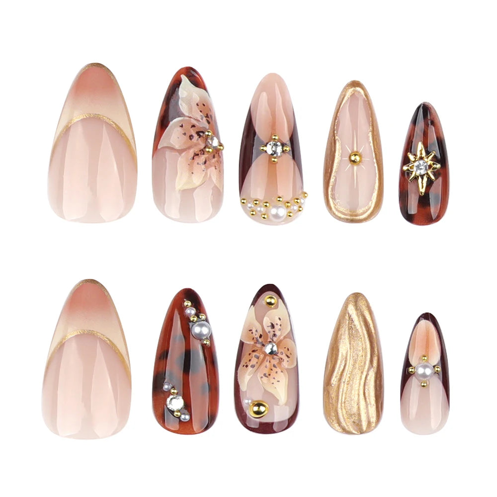 24 Pcs - Gold Ripple, Brown Flowers, False Nails with Rhinestones, Pearl Design, Wearable, Almond False Nails, Full Cover Press on Nails