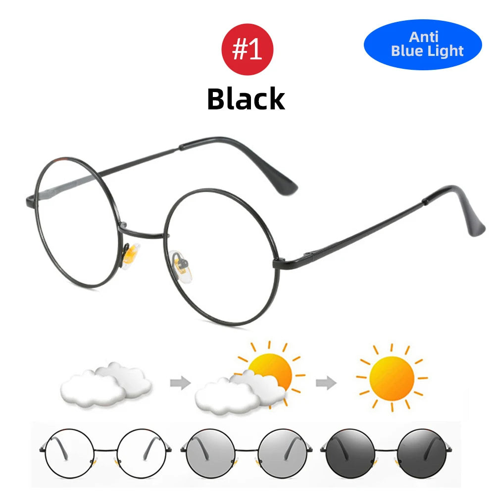 Photochromic Men's Blue Light Blocking Glasses Retro UV400 Anti Glare Round Color Changing Sunglasses Computer Shades
