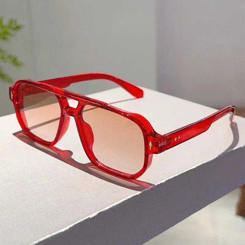 Vintage Double Bridges Square Sunglasses - Fashion - Green Ocean Lens - UV400 Eyewear - Trending Rivets Sun Glasses