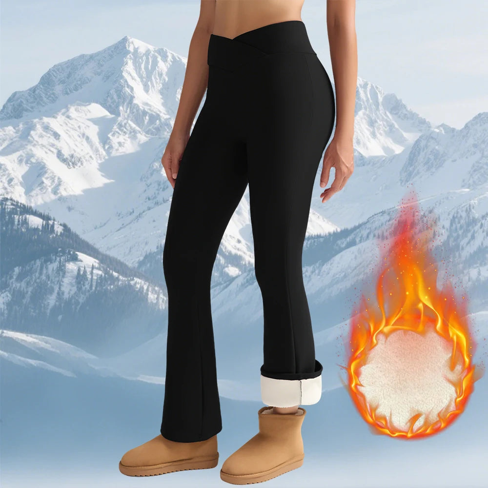 Women's Fleece Leggings - Thick Flared Pants - High-Waisted Thermal Tights - Tummy Control Leggings - Casual Wear