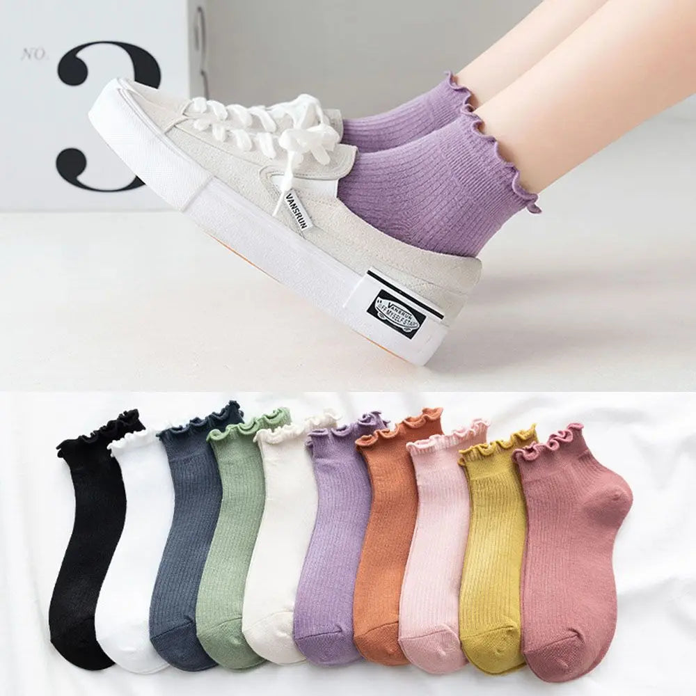 Women's Frilly Ruffle Cotton Socks - Ankle Short - Boat Socks - Loose Knitting - Solid Color - Mid Tube Sock