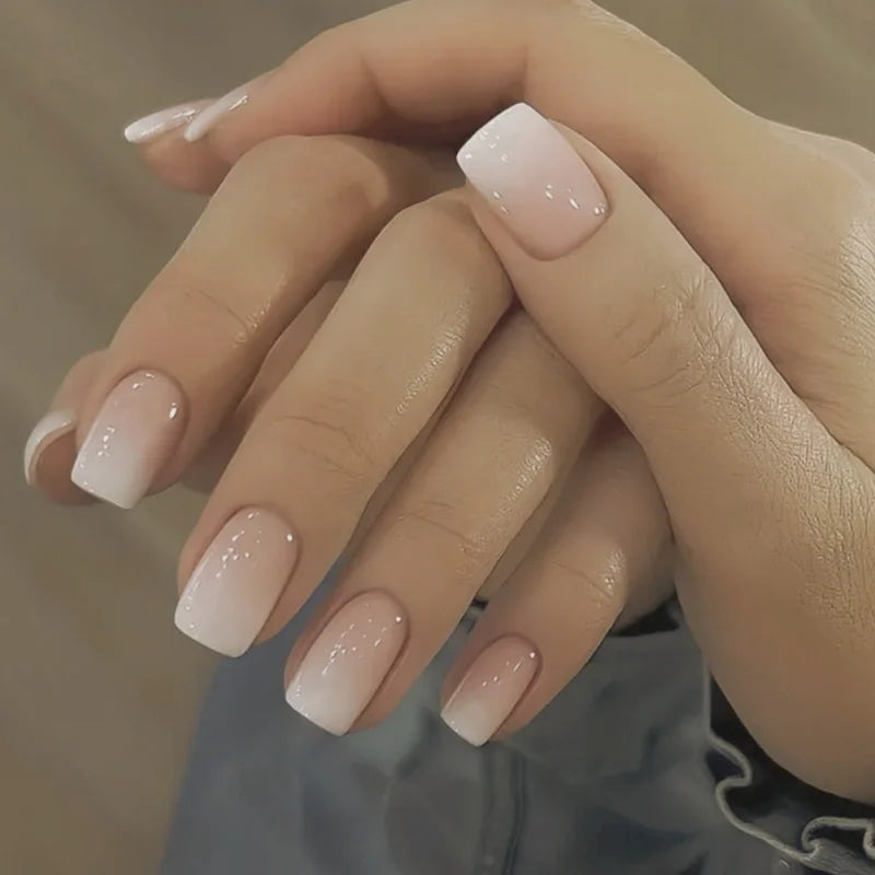 Glossy Press on Nails Set - Short Oval - Shiny Gradient - French Nail - Art - Design - Reusable Full Cover Fake Nails