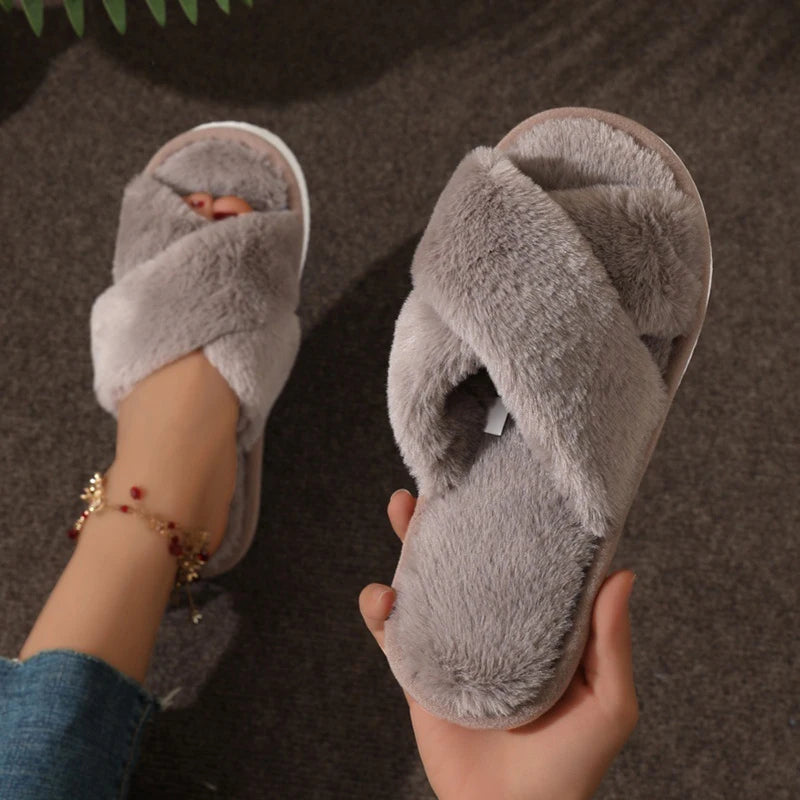 Cross Warm Fluffy Furry Slippers - Lightweight Flat Heels - Fur Slides Open Toe Non Slip Home Floor Shoes