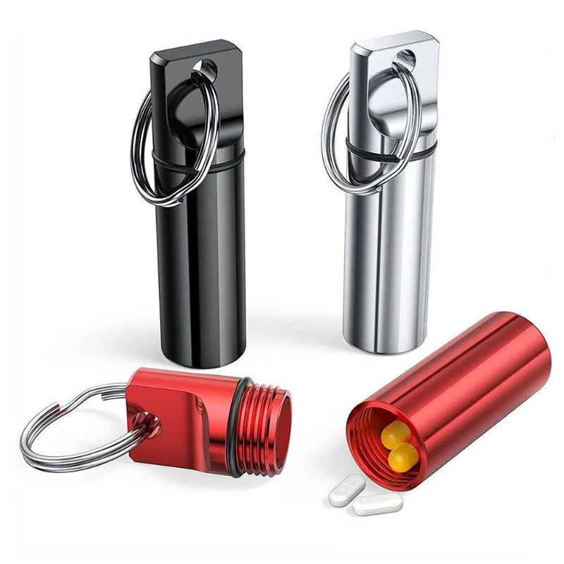 Aluminum Waterproof Pill Box Cases with Sealed Storage - Flat Head - Round Alloy Cartridge and Keychain for Vitamin, Medicines, Fish Oils