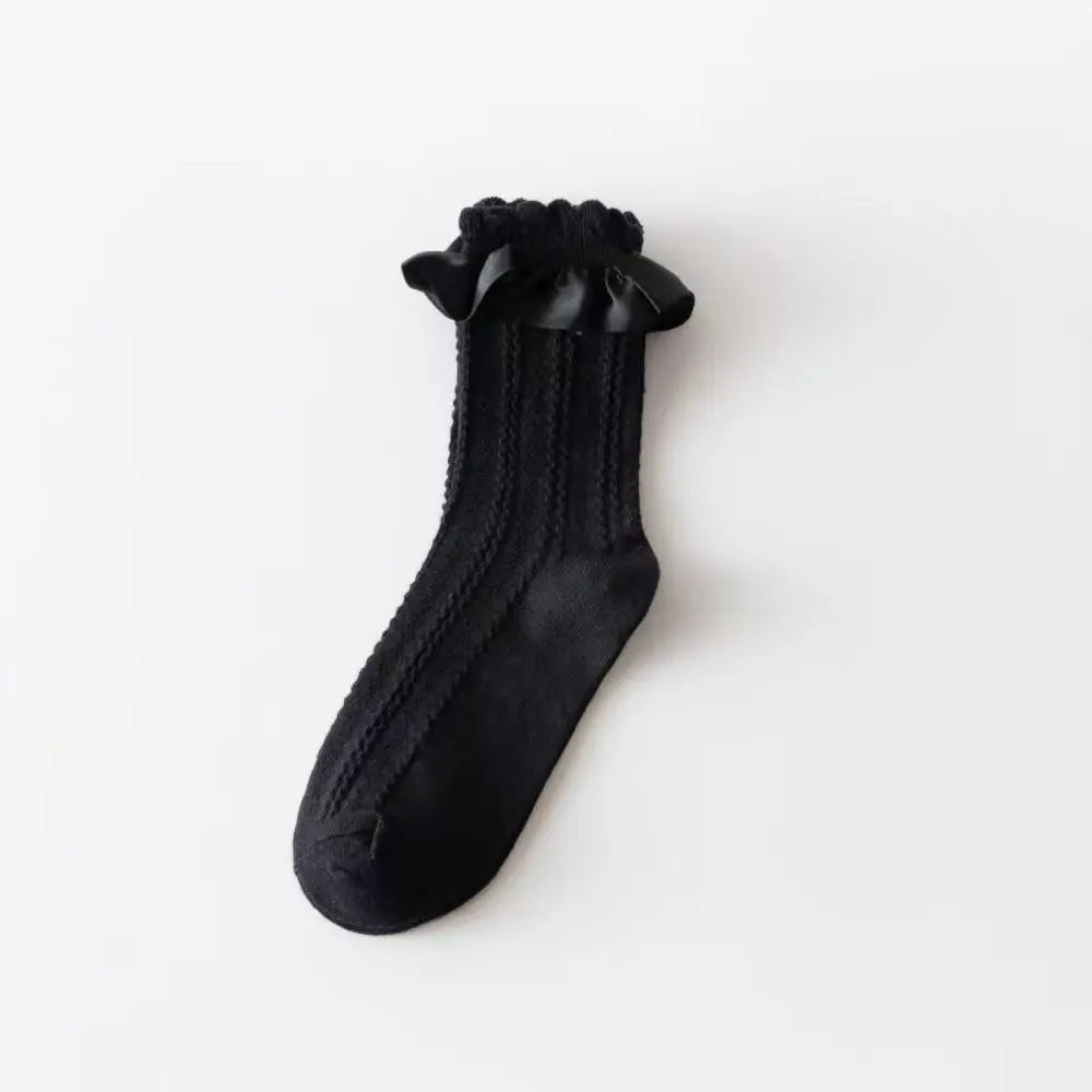 Women's Frilly Ruffle Cotton Socks - Ankle Short - Boat Socks - Loose Knitting - Solid Color - Mid Tube Sock