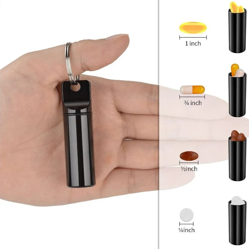 Aluminum Waterproof Pill Box Cases with Sealed Storage - Flat Head - Round Alloy Cartridge and Keychain for Vitamin, Medicines, Fish Oils