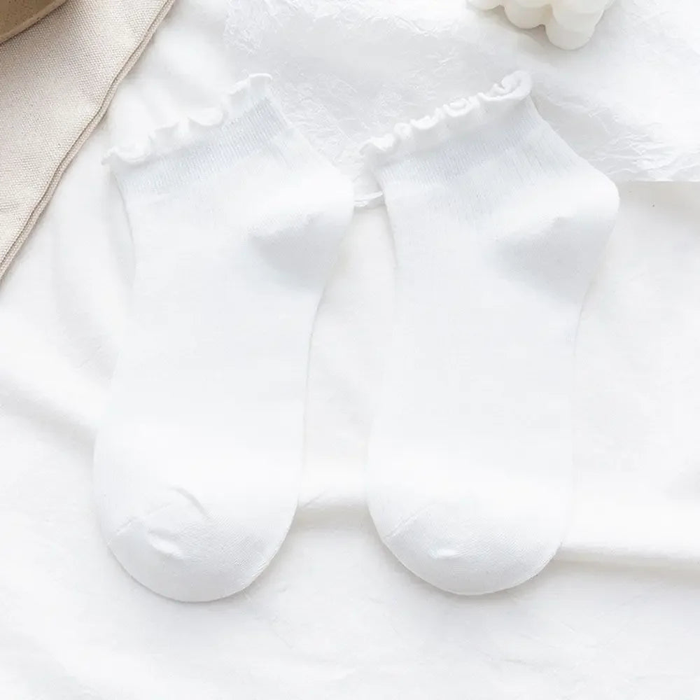 Women's Frilly Ruffle Cotton Socks - Ankle Short - Boat Socks - Loose Knitting - Solid Color - Mid Tube Sock
