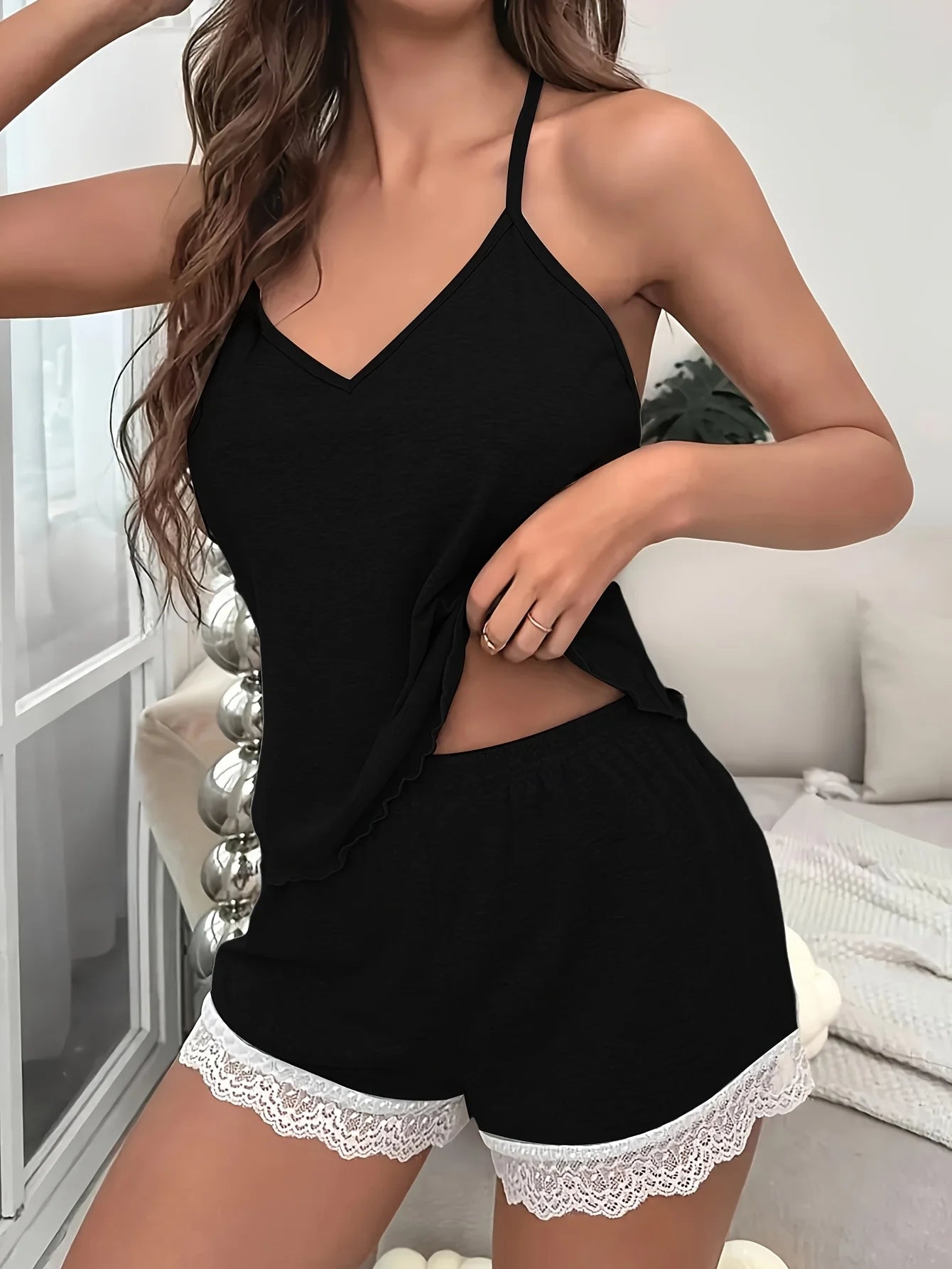 Women’s Lace Trim Pajama Set - Sleeveless Backless Sleepwear - Soft Cotton Lounge Shorts Set for Summer - Homewear Nightwear Loungewear