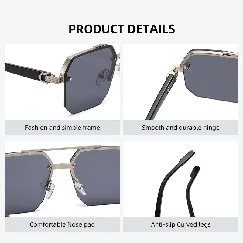 Trendy Aviator Sunglasses for Men and Women - Retro Double Bridge Metal Driving UV400 Outdoor Eyewear Semi-Rimless Lentes De Sol