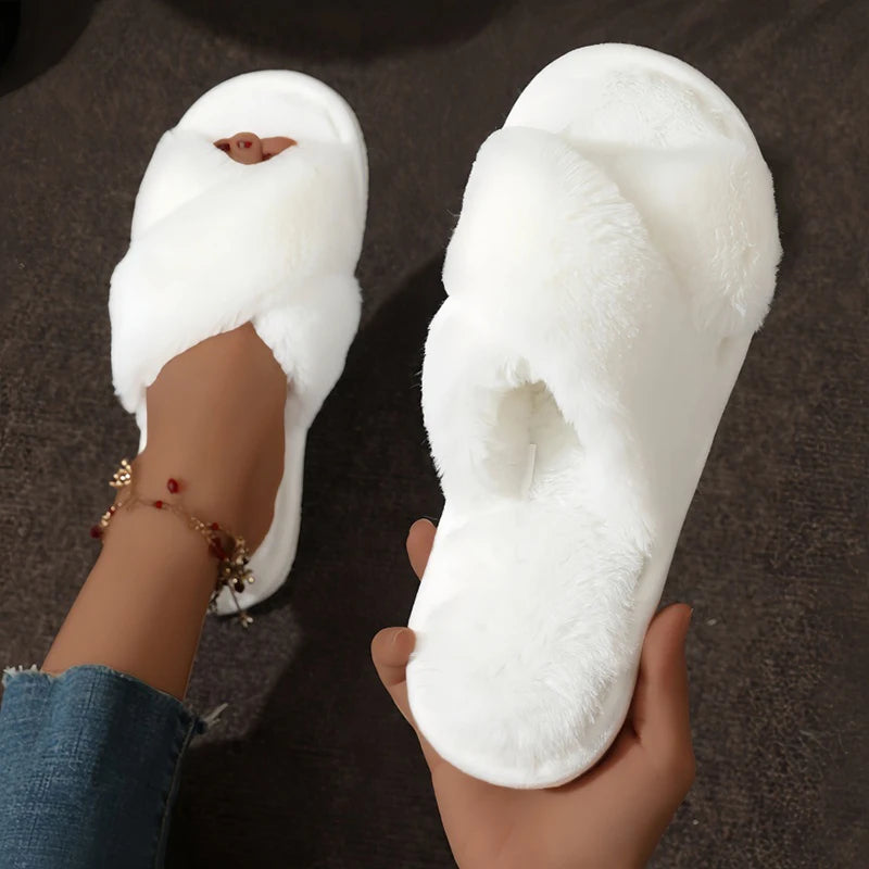 Cross Warm Fluffy Furry Slippers - Lightweight Flat Heels - Fur Slides Open Toe Non Slip Home Floor Shoes