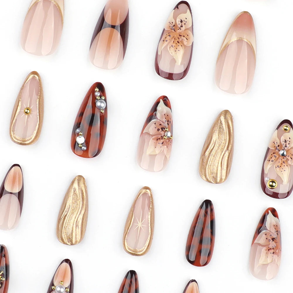 24 Pcs - Gold Ripple, Brown Flowers, False Nails with Rhinestones, Pearl Design, Wearable, Almond False Nails, Full Cover Press on Nails