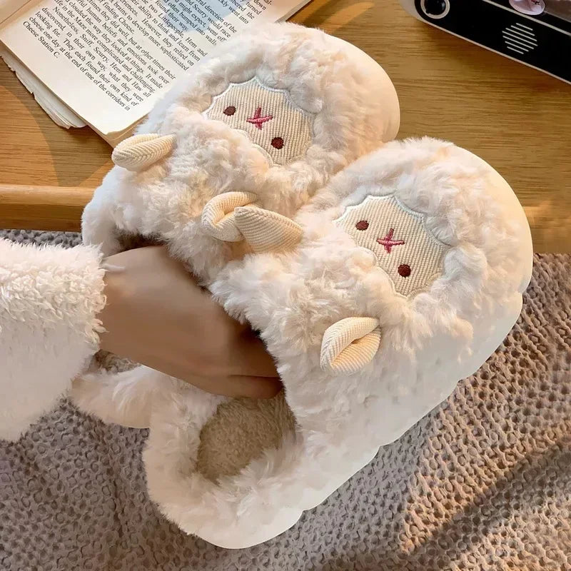 Sheep Plush Slippers - Warm Fluffy Faux Fur Sheep Cotton Slippers