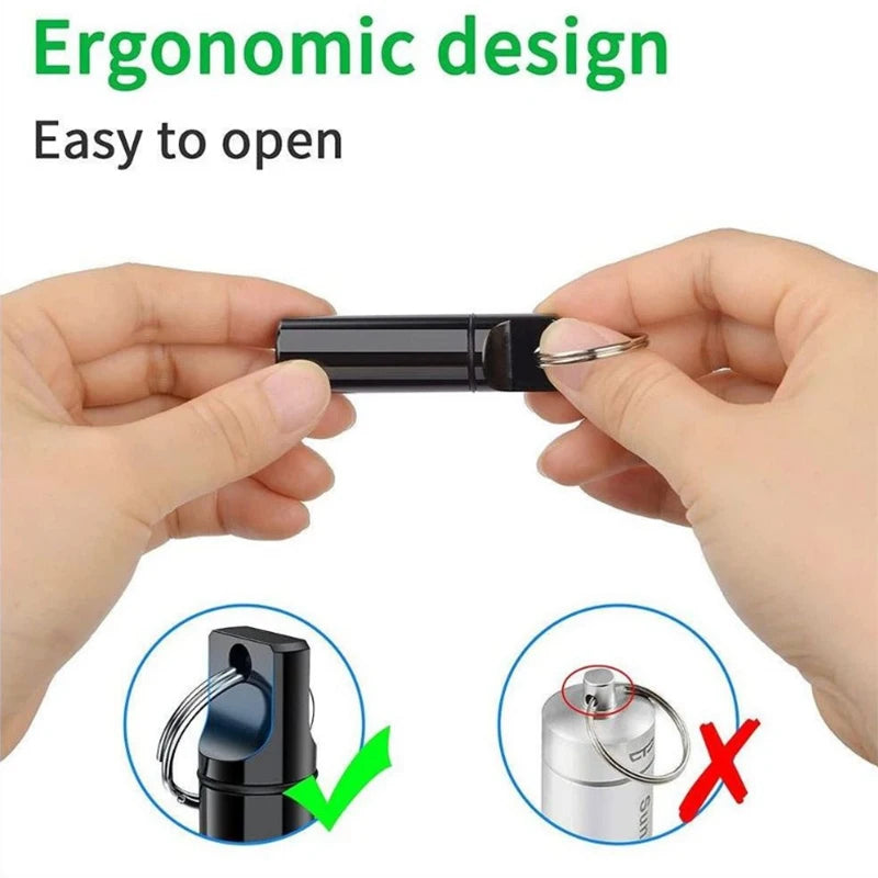 Aluminum Waterproof Pill Box Cases with Sealed Storage - Flat Head - Round Alloy Cartridge and Keychain for Vitamin, Medicines, Fish Oils