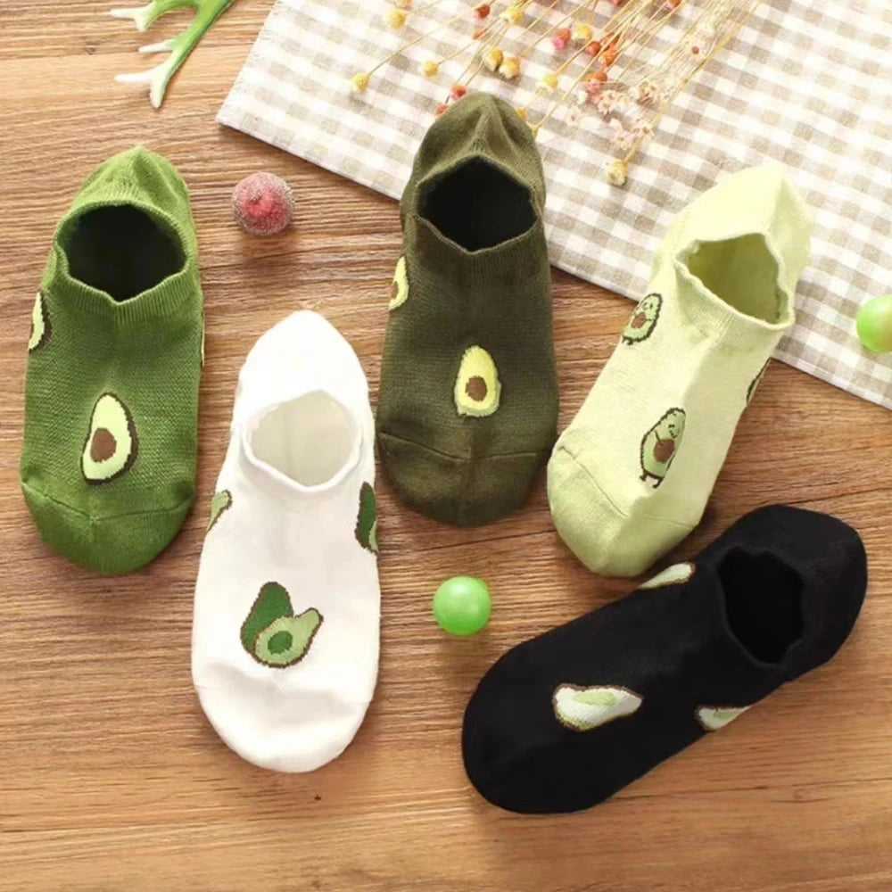 5 Pairs - Women's Avocado Low Cut Ankle Socks - Cartoon Fresh Fashion - Breathable Kawaii Comforts