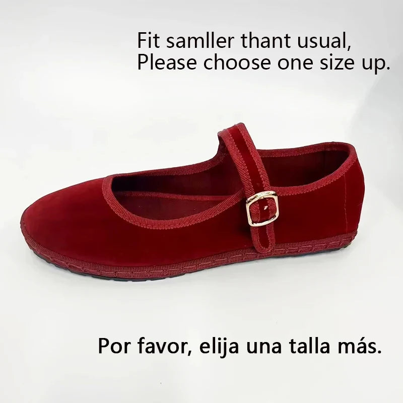 Women's Velvet Mary Jane Shoes - Hand Stitched Casual Streetwear - Ballet Flats