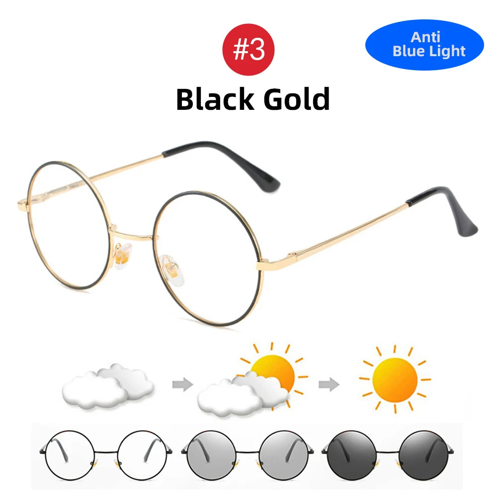 Photochromic Men's Blue Light Blocking Glasses Retro UV400 Anti Glare Round Color Changing Sunglasses Computer Shades
