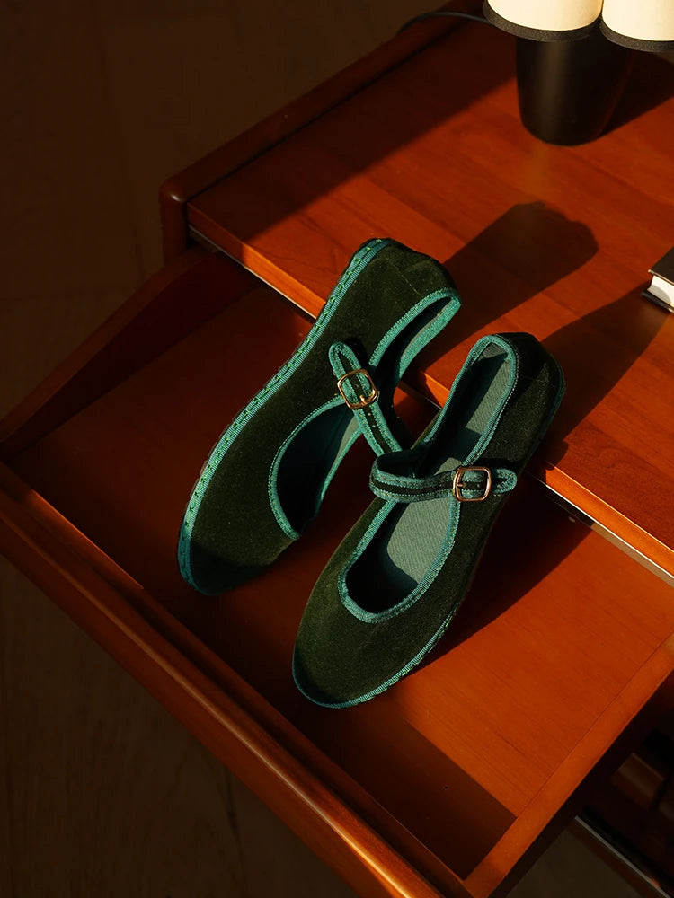 Women's Velvet Mary Jane Shoes - Hand Stitched Casual Streetwear - Ballet Flats
