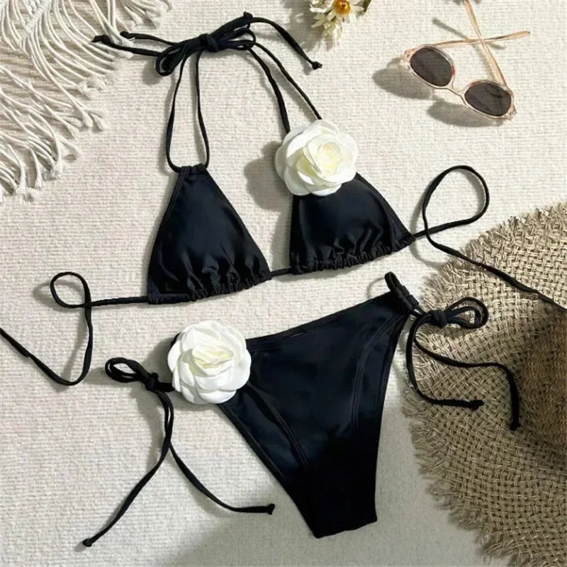 Women's Flower Bandeau Swimwear Thong Bikini