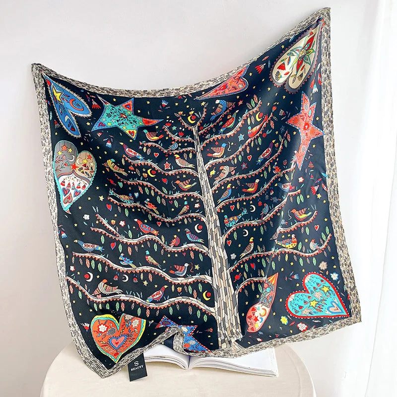 Luxury Love Tree Print Designer Scarf - Twill Silk - Shawls Wraps - Neck Scarves - Hijab - Bandana - Pashmina Handband 90x90cm