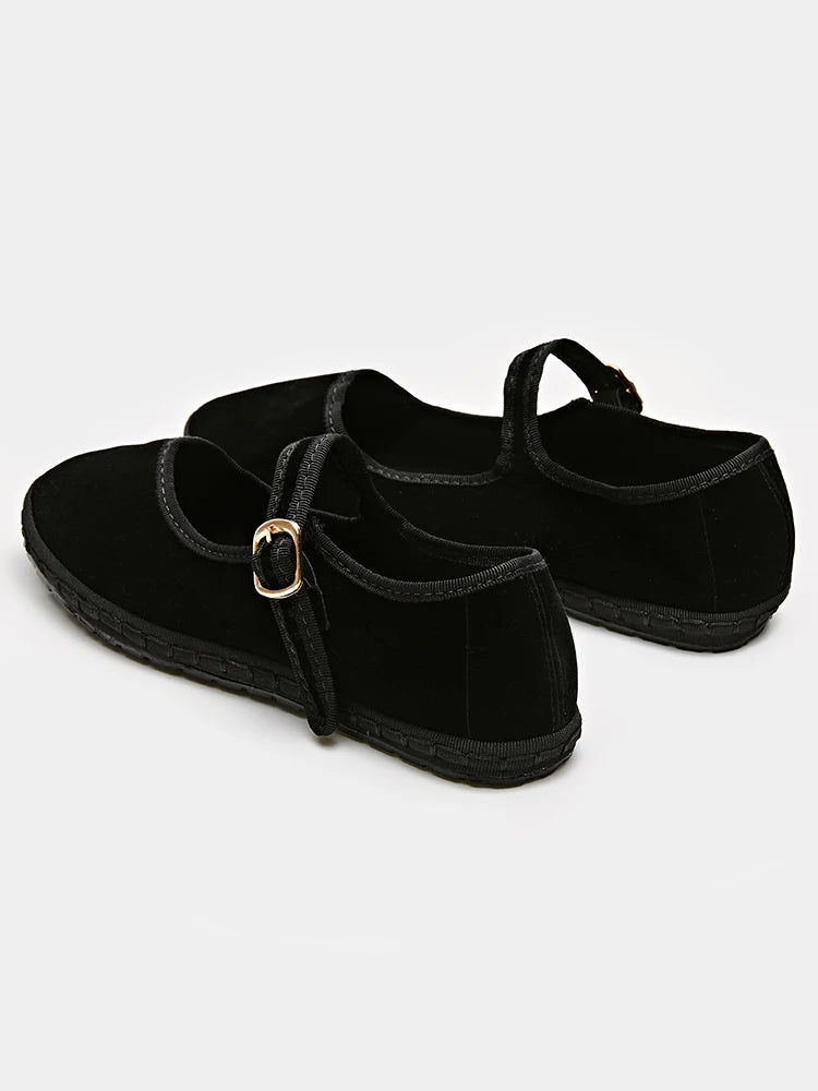Women's Velvet Mary Jane Shoes - Hand Stitched Casual Streetwear - Ballet Flats