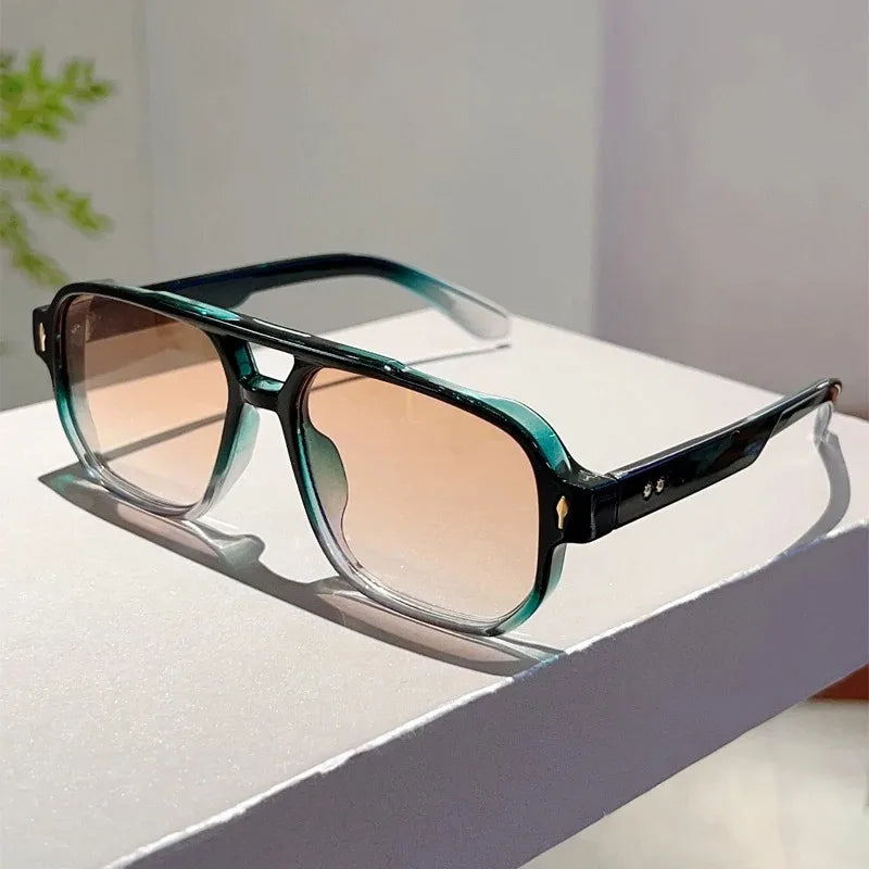 Vintage Double Bridges Square Sunglasses - Fashion - Green Ocean Lens - UV400 Eyewear - Trending Rivets Sun Glasses