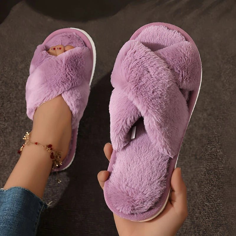Cross Warm Fluffy Furry Slippers - Lightweight Flat Heels - Fur Slides Open Toe Non Slip Home Floor Shoes