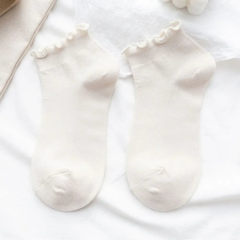 Women's Frilly Ruffle Cotton Socks - Ankle Short - Boat Socks - Loose Knitting - Solid Color - Mid Tube Sock