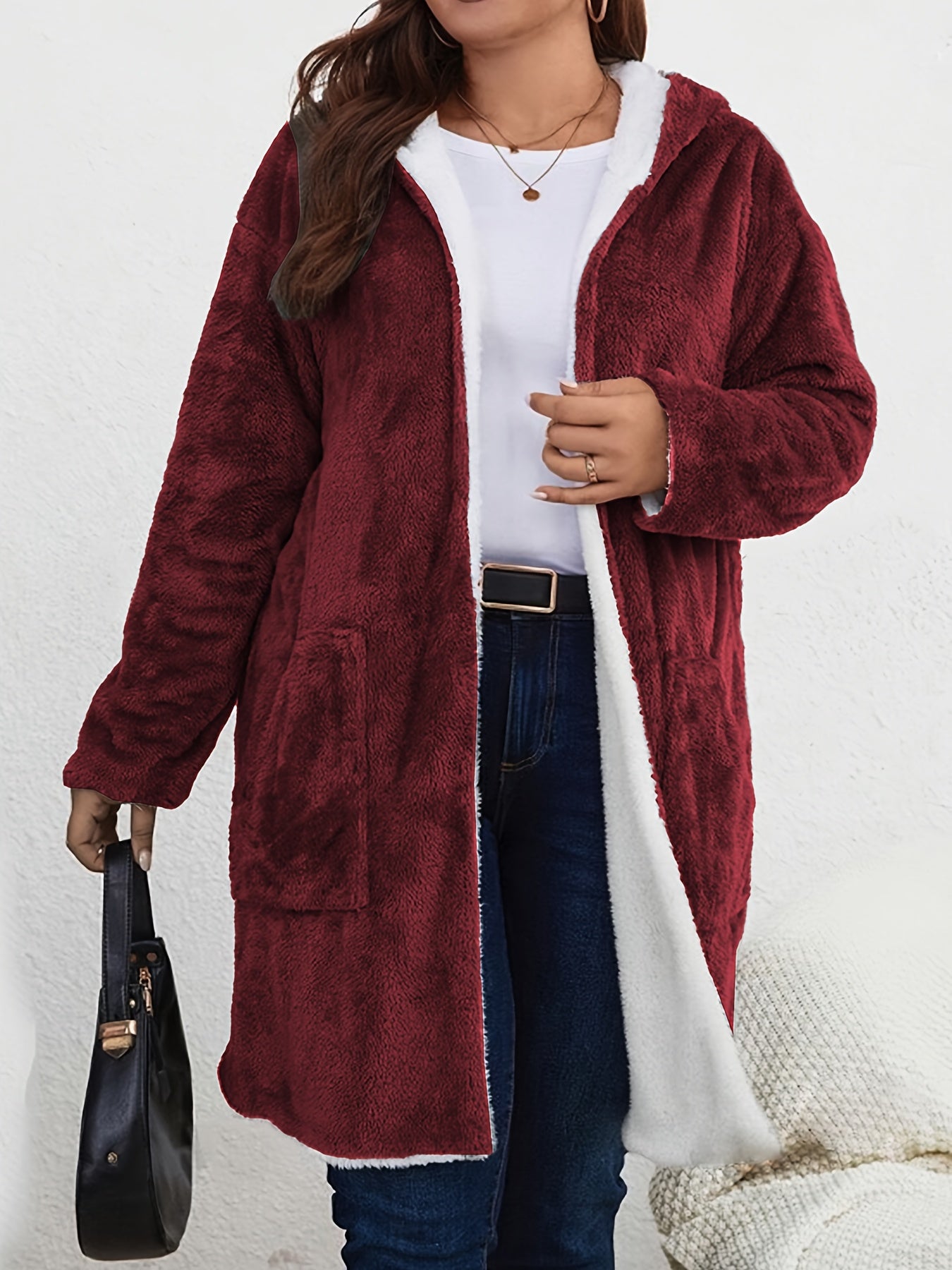 Women's Plus Size Plush Hooded Jacket - Oversized Coat with Soft Plush Fabric - Machine Washable, Burgundy &amp; White Trim - Mid-Length Long Sleeve Casual Outerwear in a Cozy Warm Jacket