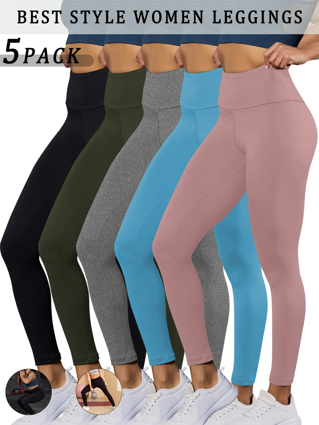 5 pairs - Super Soft Leggings for Women - High Waisted Tummy Control - No See Through Workout, Yoga, Running, Pants Leggings