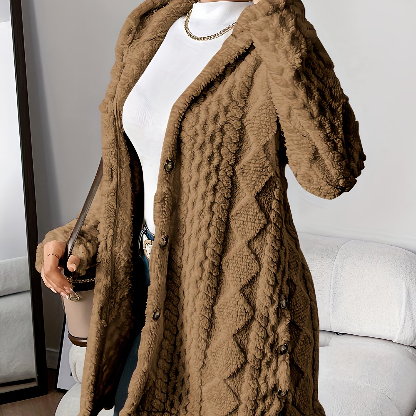 Jacquard Plush Hooded Cardigan Coat