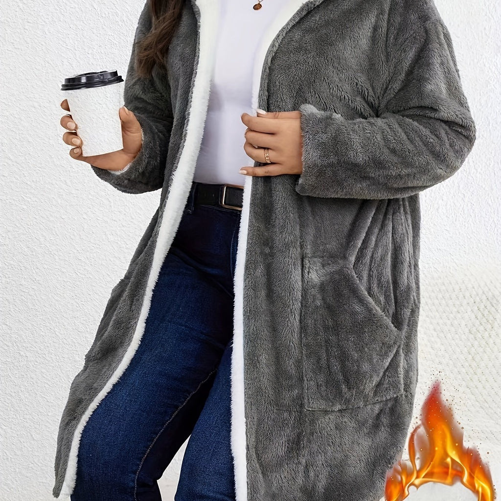 Women's Plus Size Plush Hooded Jacket - Oversized Coat with Soft Plush Fabric - Machine Washable, Burgundy &amp; White Trim - Mid-Length Long Sleeve Casual Outerwear in a Cozy Warm Jacket