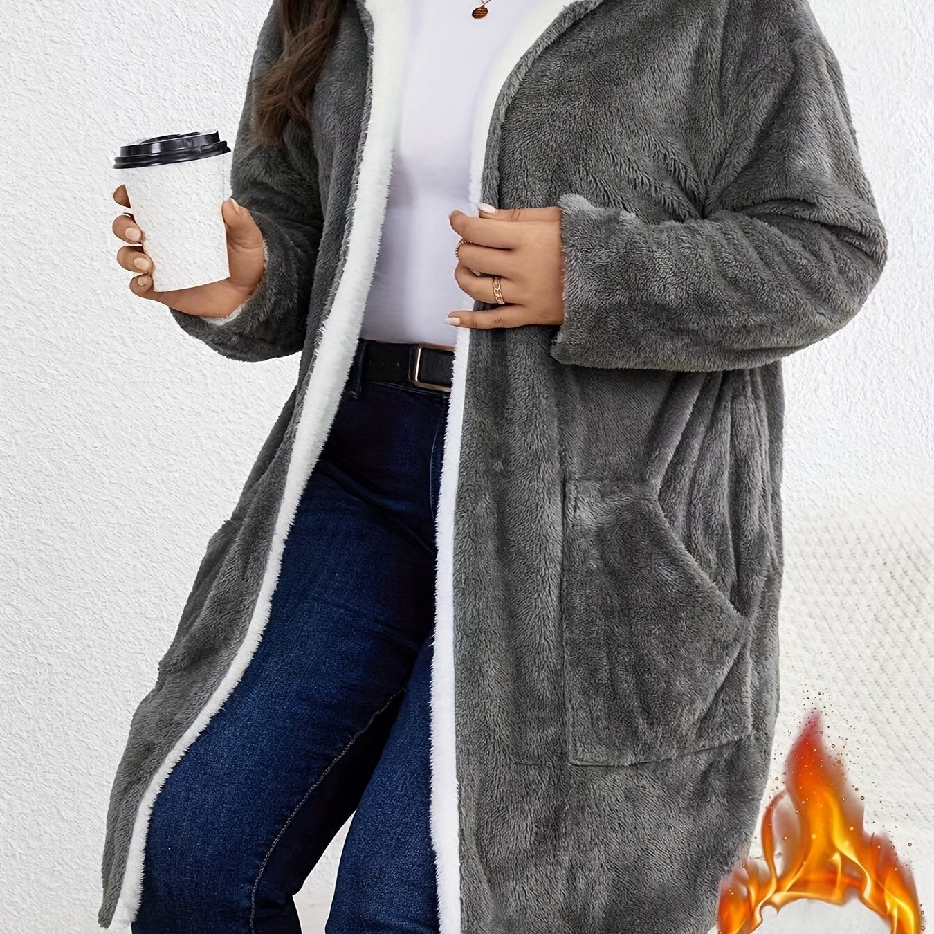 Women's Plus Size Plush Hooded Jacket - Oversized Coat with Soft Plush Fabric - Machine Washable, Burgundy &amp; White Trim - Mid-Length Long Sleeve Casual Outerwear in a Cozy Warm Jacket