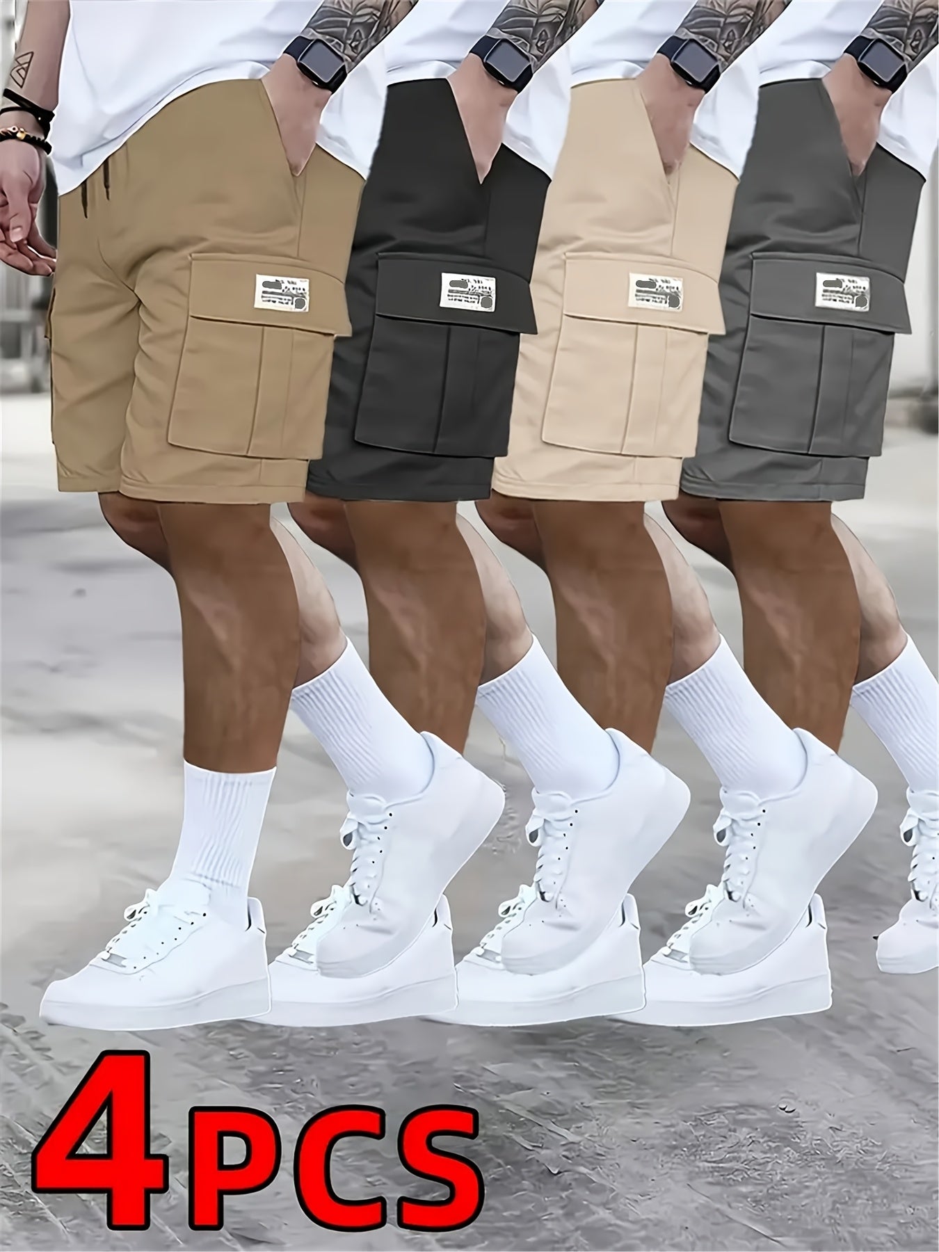 4 pairs - Men's shorts, casual loose shorts, perfect choice, large pocket workwear shorts, summer workwear shorts