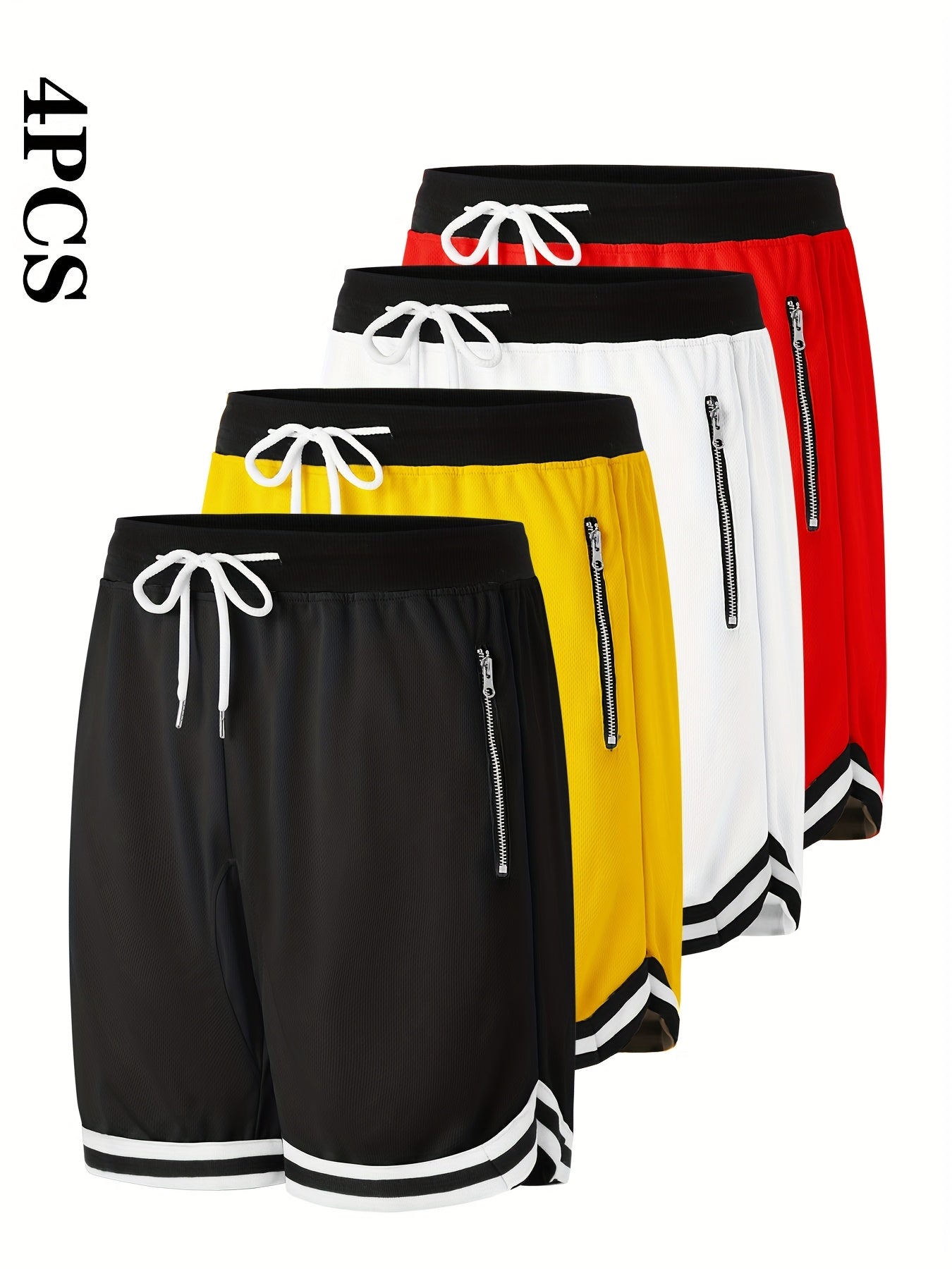 4 pairs - Men's Casual Athletic Shorts with Zipper Pockets - Breathable Polyester, Elastic Waistband with Drawstring, Multi-Color (Black/White/Green/Red) Striped Side Panels for Basketball, Sports &amp; Casual Wear - Machine Washable