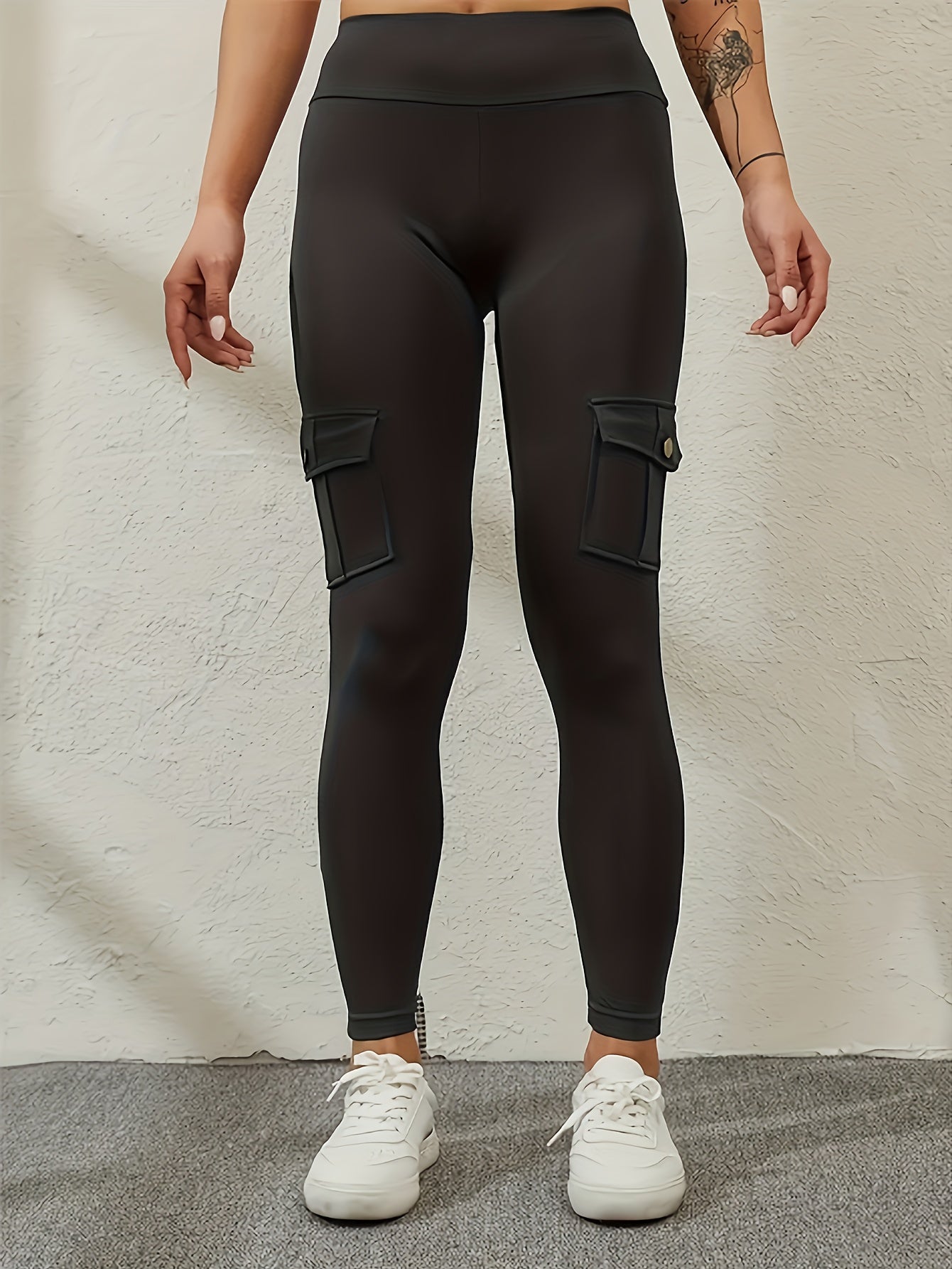 High-Waisted Sports Leggings with Pockets - College-Style Polyester Fabric with Stretch Waist - Yoga Pants - Solid Color Tight Leggings - Plus Size Leggings