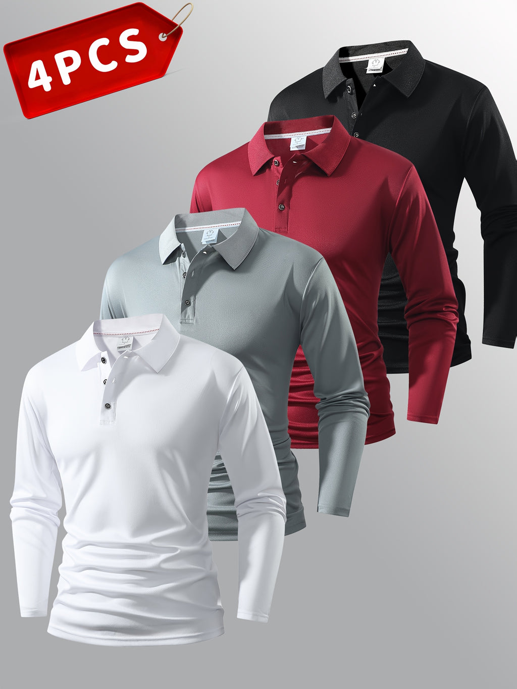4 Men's Long-Sleeved Polo Shirts - Multiple Colors - Classic Solid Color Design - Versatile and Fashionable Men's Polo Collared Shirts