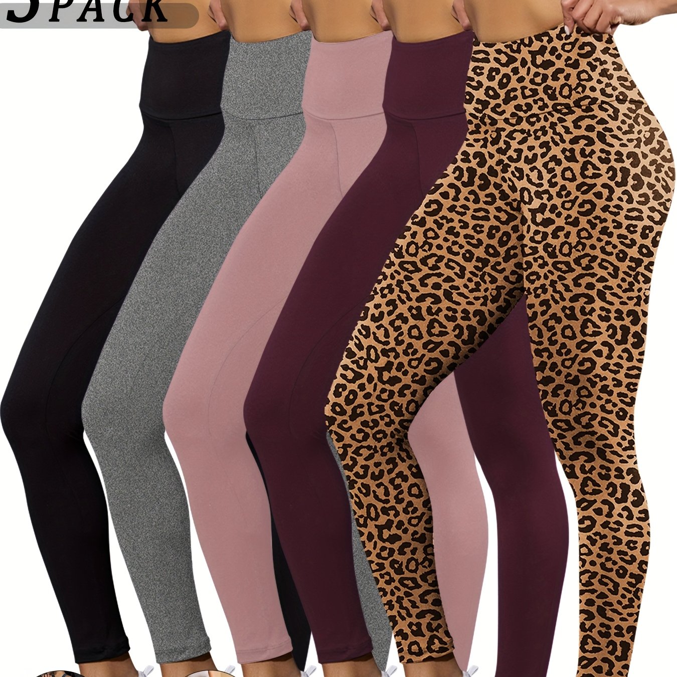 5 pairs - Super Soft Leggings for Women - High Waisted Tummy Control - No See Through Workout, Yoga, Running, Pants Leggings