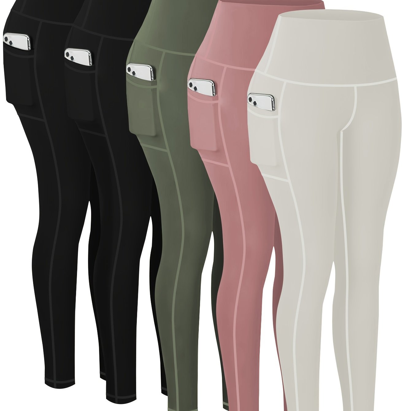 5 pairs - Women's Plus Size Sports Leggings - High-Waisted Cropped Yoga Pants with Pockets - Fitness Running Compression Tights For Women, High-Waisted Cropped Yoga Pants With Pockets, Fitness Running Compression Tights