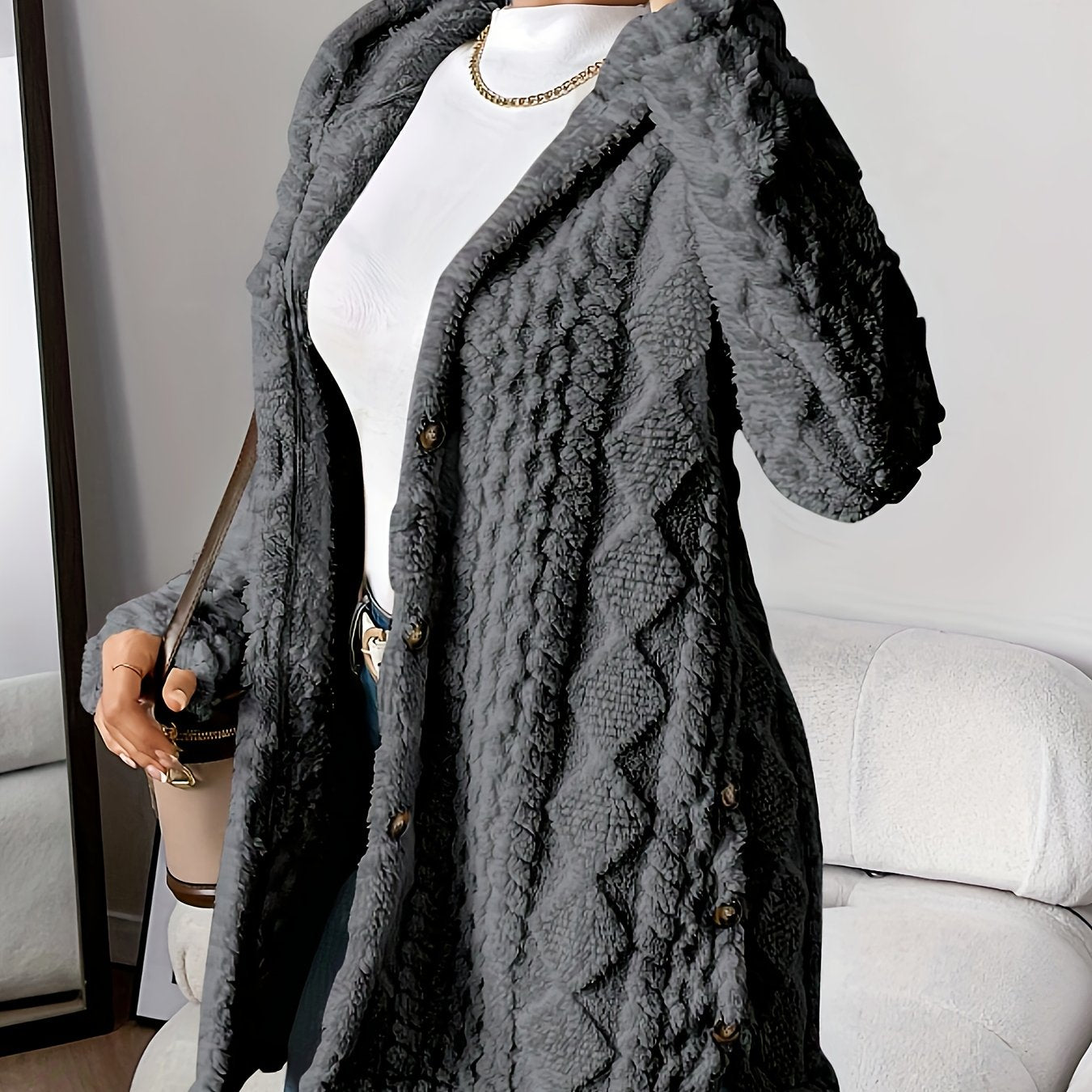 Jacquard Plush Hooded Cardigan Coat