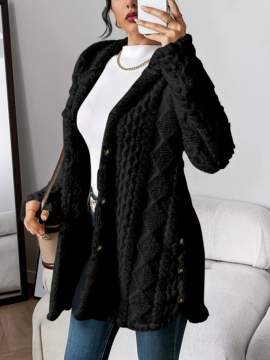 Jacquard Plush Hooded Cardigan Coat