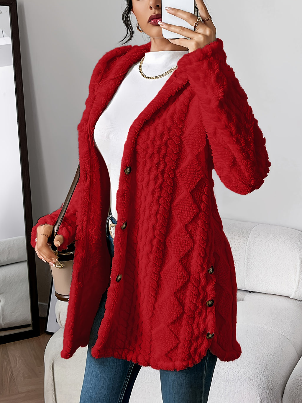 Jacquard Plush Hooded Cardigan Coat