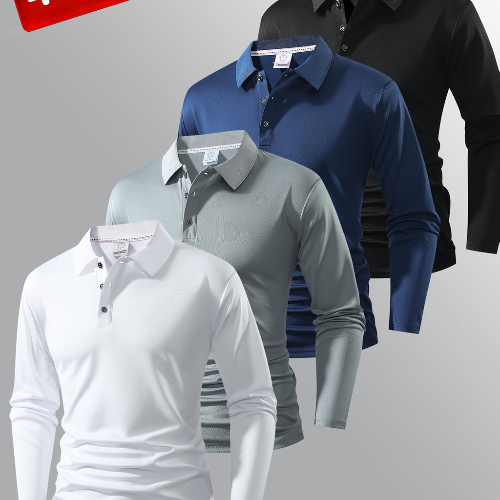 4 Men's Long-Sleeved Polo Shirts - Multiple Colors - Classic Solid Color Design - Versatile and Fashionable Men's Polo Collared Shirts