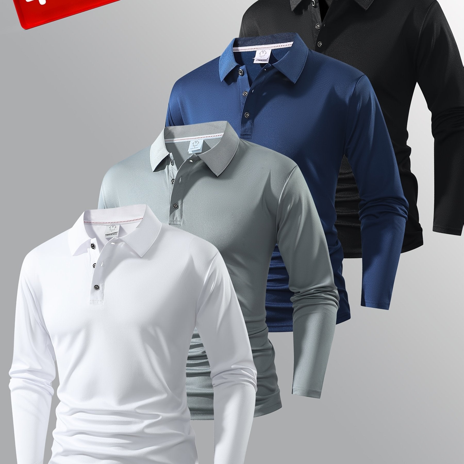 4 Men's Long-Sleeved Polo Shirts - Multiple Colors - Classic Solid Color Design - Versatile and Fashionable Men's Polo Collared Shirts
