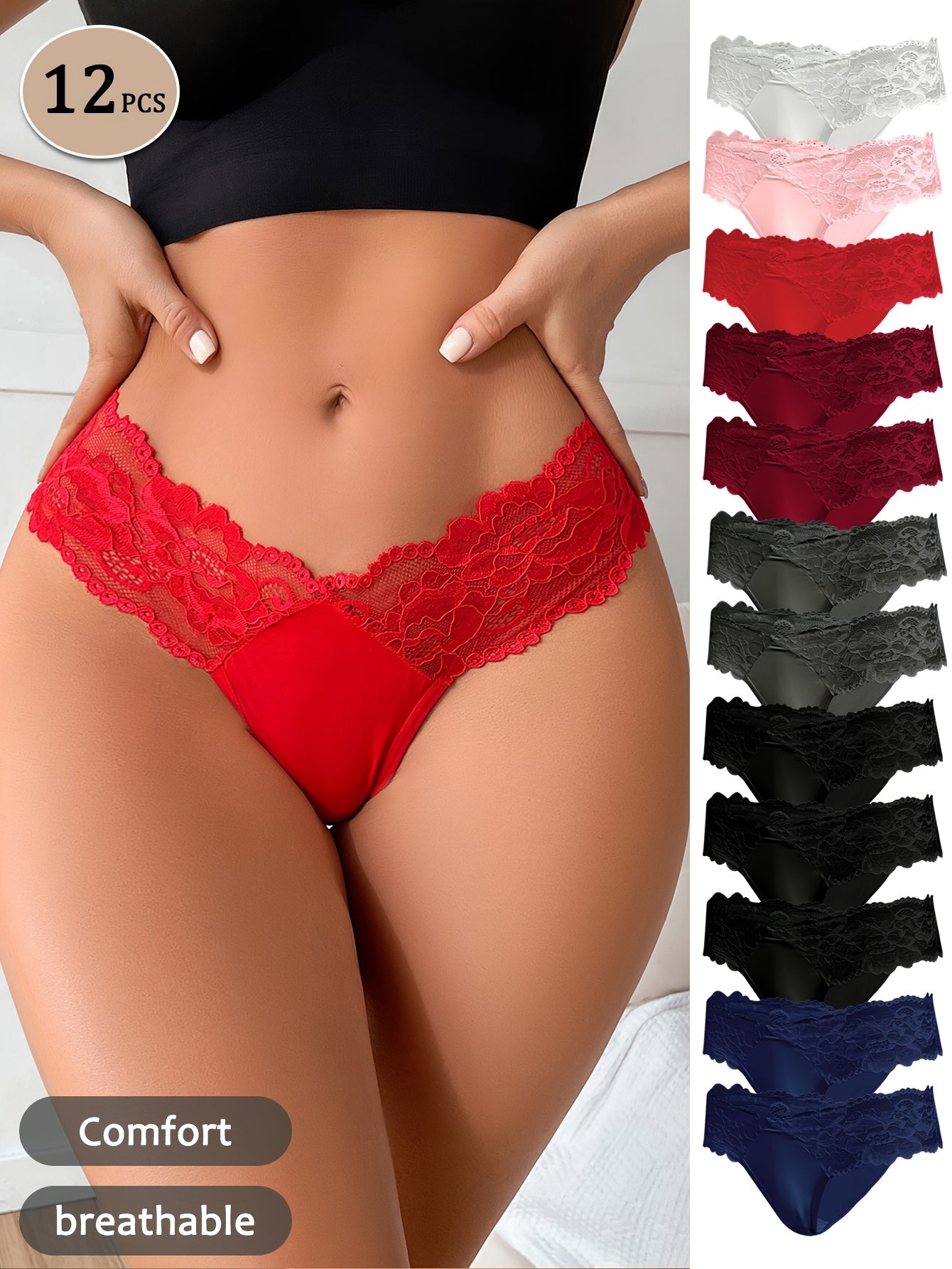 12 pairs - Women's Low-Waist Thongs in Assorted Colors - Sexy Floral Lace Panties - Soft &amp; Breathable Nylon Blend - Stretchy Comfort Fit Underwear for All-Day Wear