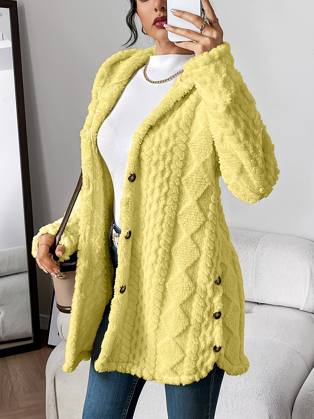Jacquard Plush Hooded Cardigan Coat