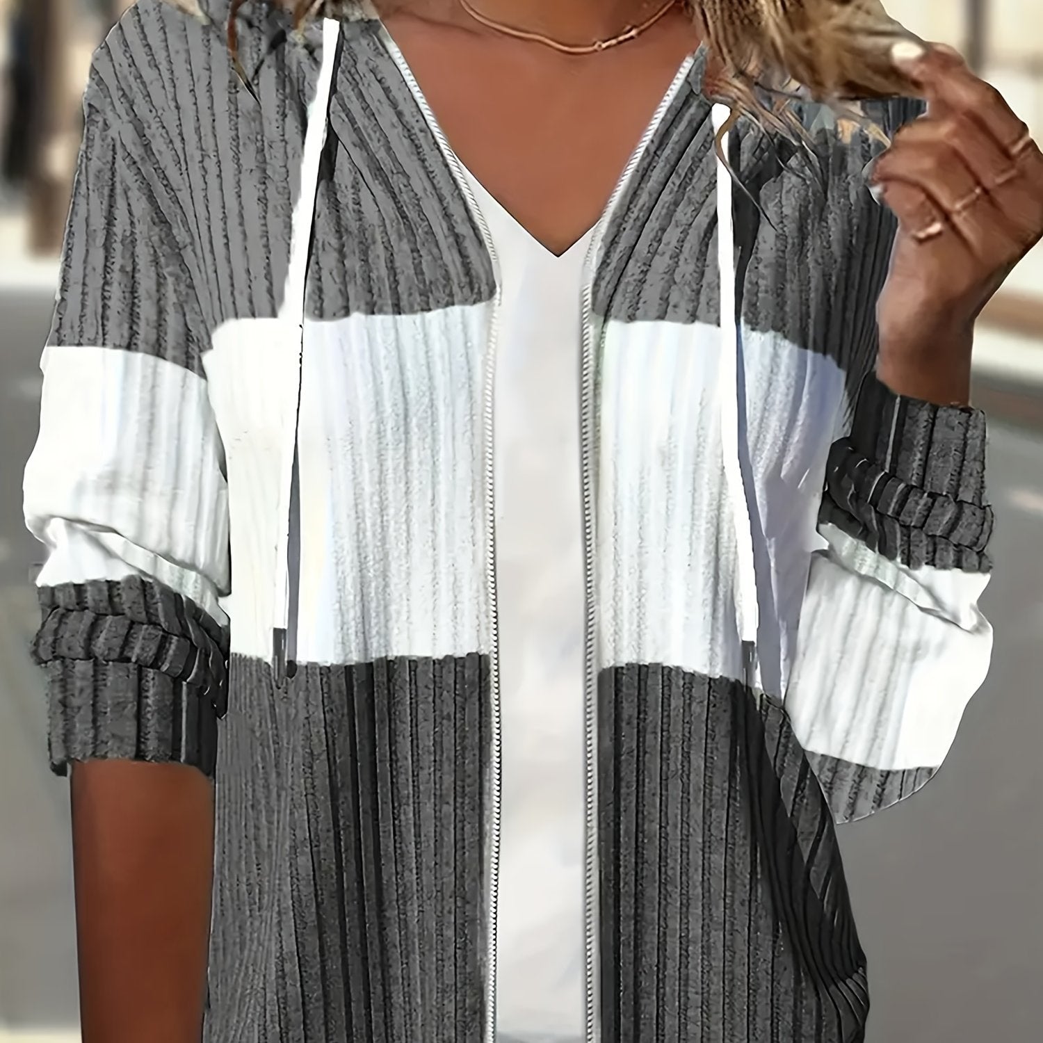 Color Block Zip-up Hoodie Jacket - Casual Long Sleeve Drawstring Ribbed Jacket